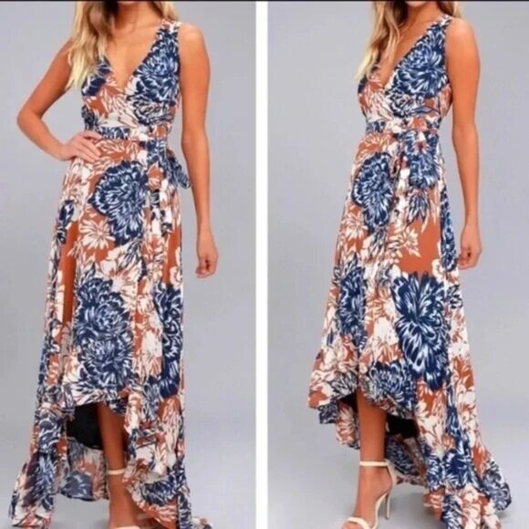 Lulus Desert Trip Orange Blue Chiffon Floral Wrap Ruffle Maxi Dress XS NWT - Picture 1 of 4